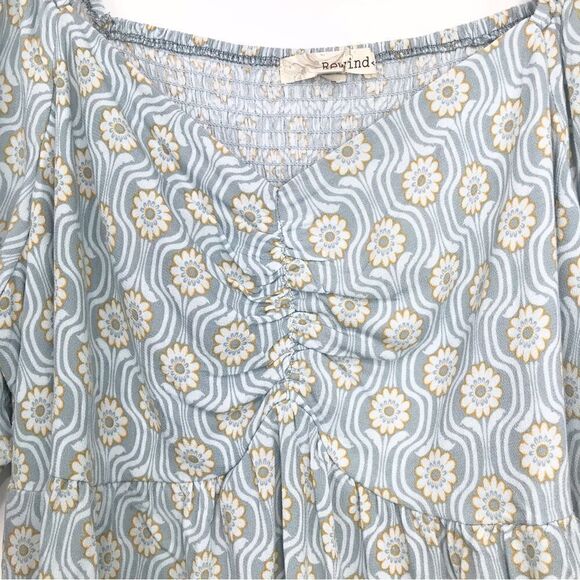 Rewind NEW Light Blue Floral Double Crepe Shirred Front Peasant Boho Blouse - Picture 4 of 15